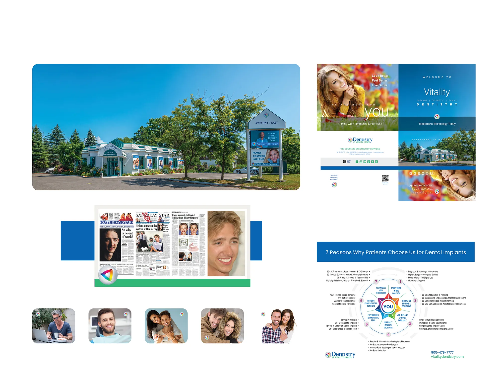 Vitality Dentistry: the clinic exterior, a newspaper advertisement, a welcome brochure with the multicolour star mark and a Seven Reasons Patients Choose Us for Dental Implants diagram.