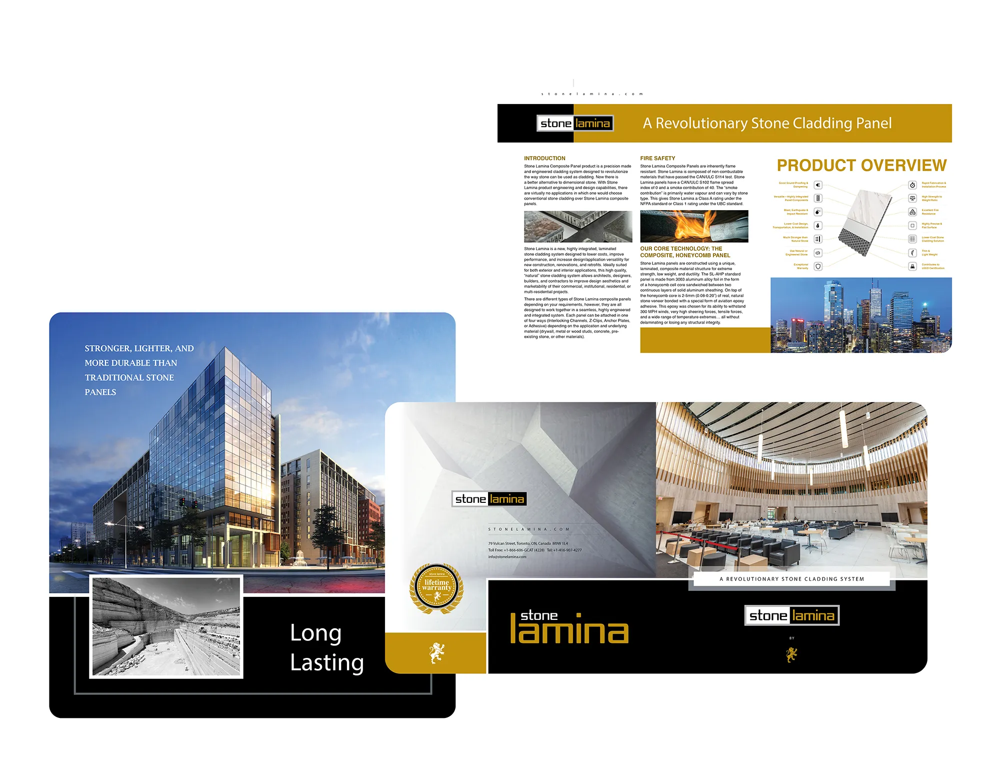 Stone Lamina brochure: a stone cladding panel product overview, a Long Lasting cover with a commercial building, and a spread on a curved timber-clad interior.