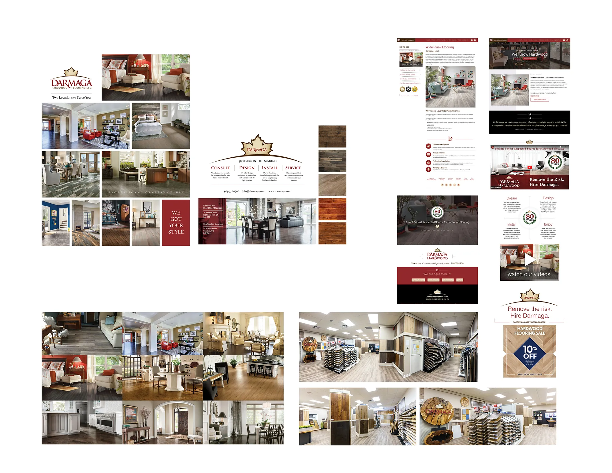 Darmaga Hardwood Flooring collateral: a photo-led brochure spread, website pages on desktop and phone, a promotional card and showroom photography.