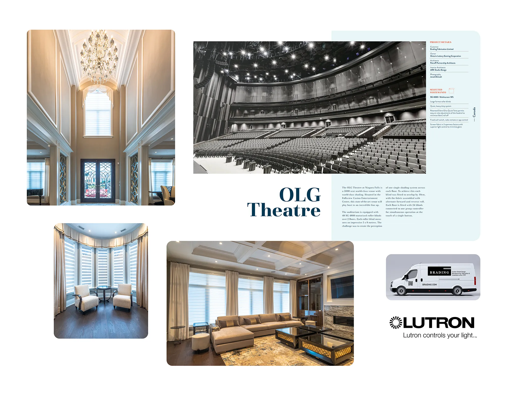 Lookbook spreads: a residential atrium with tall drapery, an OLG Theatre auditorium feature, a bay window with sheer shades, a living room with layered treatments and a Lutron partner vehicle.