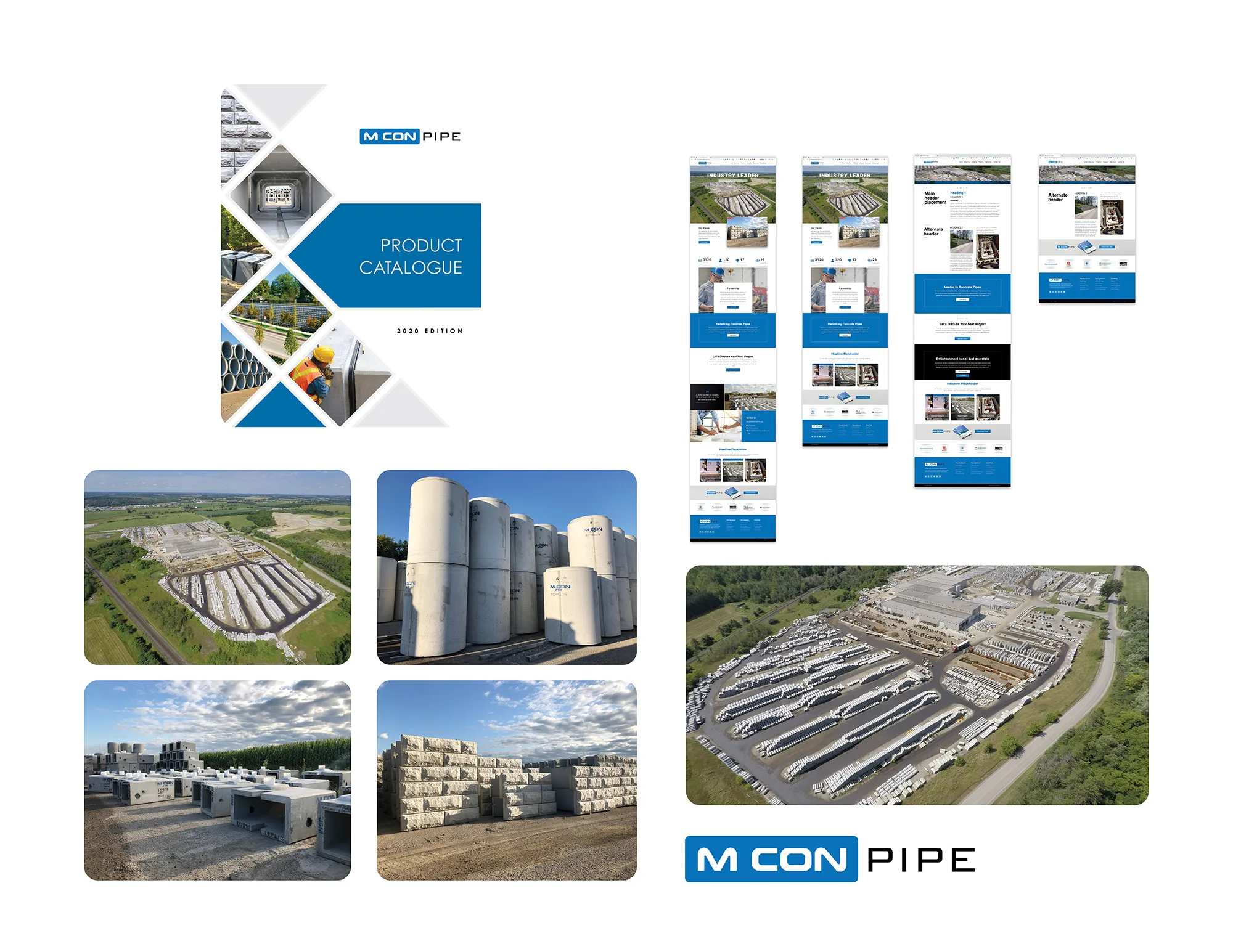 MCON Pipe: the product catalogue cover, the website on desktop and mobile, aerial photographs of the precast concrete pipe yard and the wordmark.