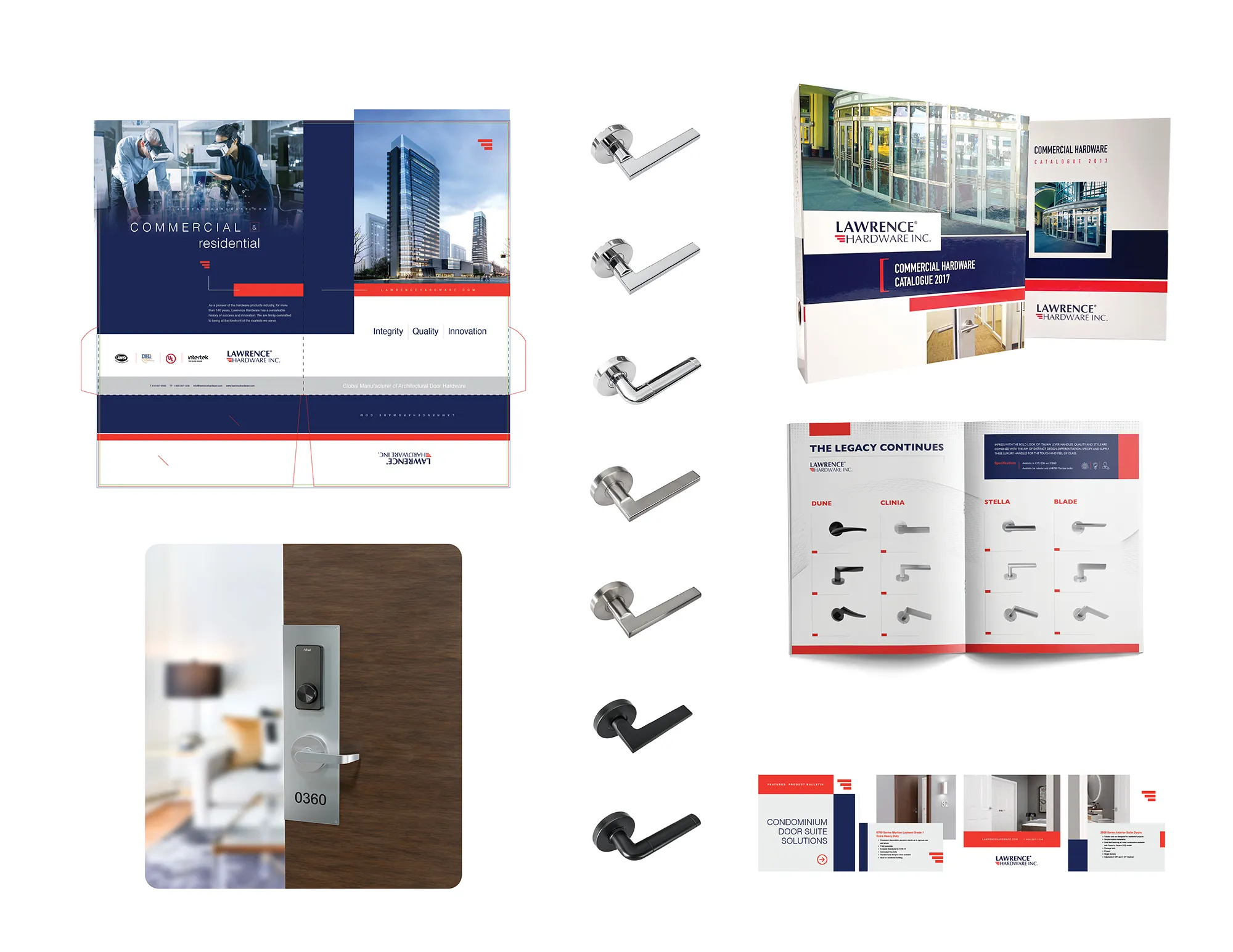 Lawrence Hardware collateral: a Commercial and Residential folder, a column of lever handles in seven finishes, a trade show banner, a catalogue spread and a hotel room door with keypad lock.