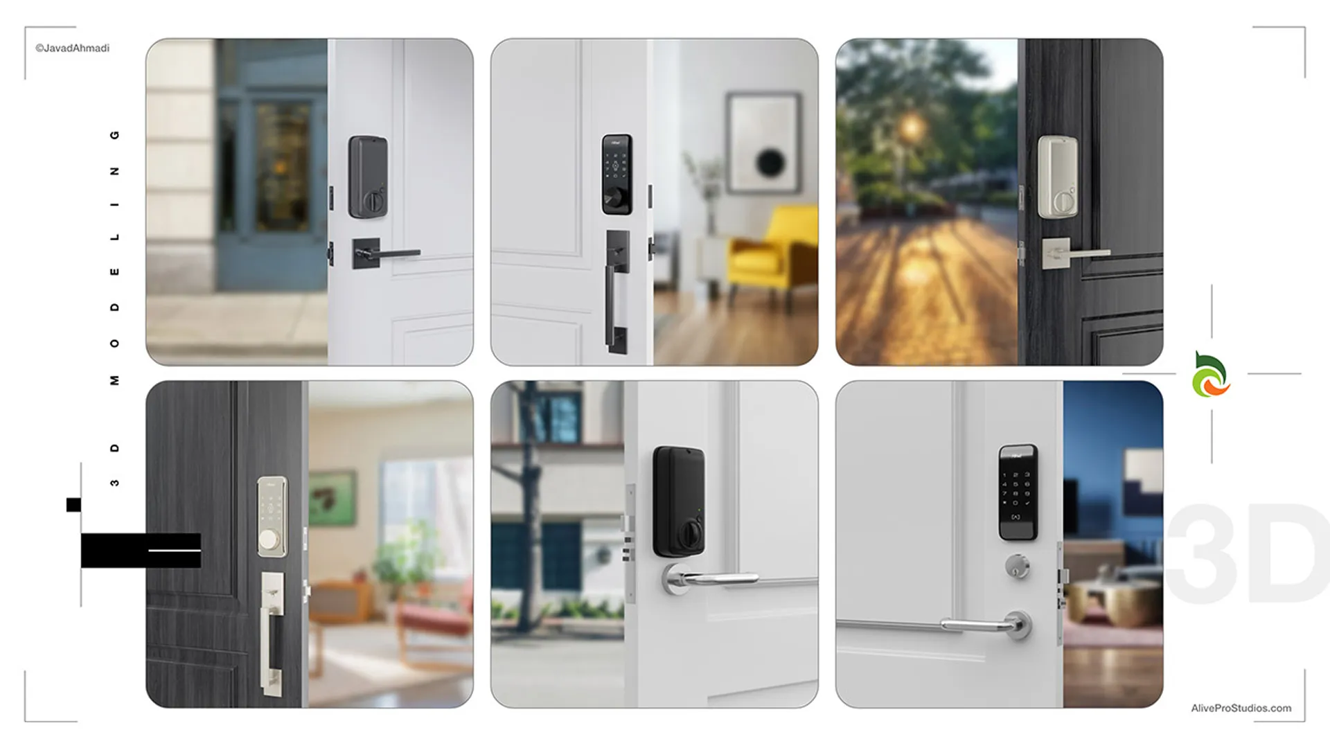 Six 3D compositions placing Alfred locks on virtually constructed doors, across street, hallway, apartment and residential settings.