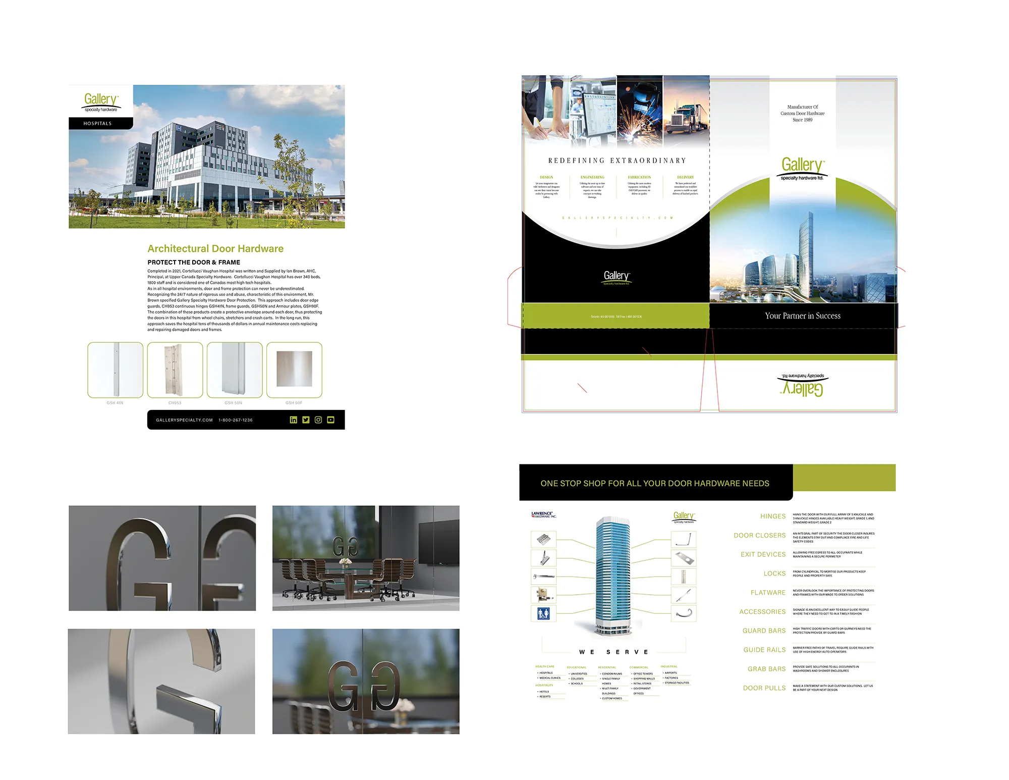 The Gallery Specialty website for architectural door hardware, a trifold brochure, 3D-rendered hardware details and a one-stop-shop building diagram.