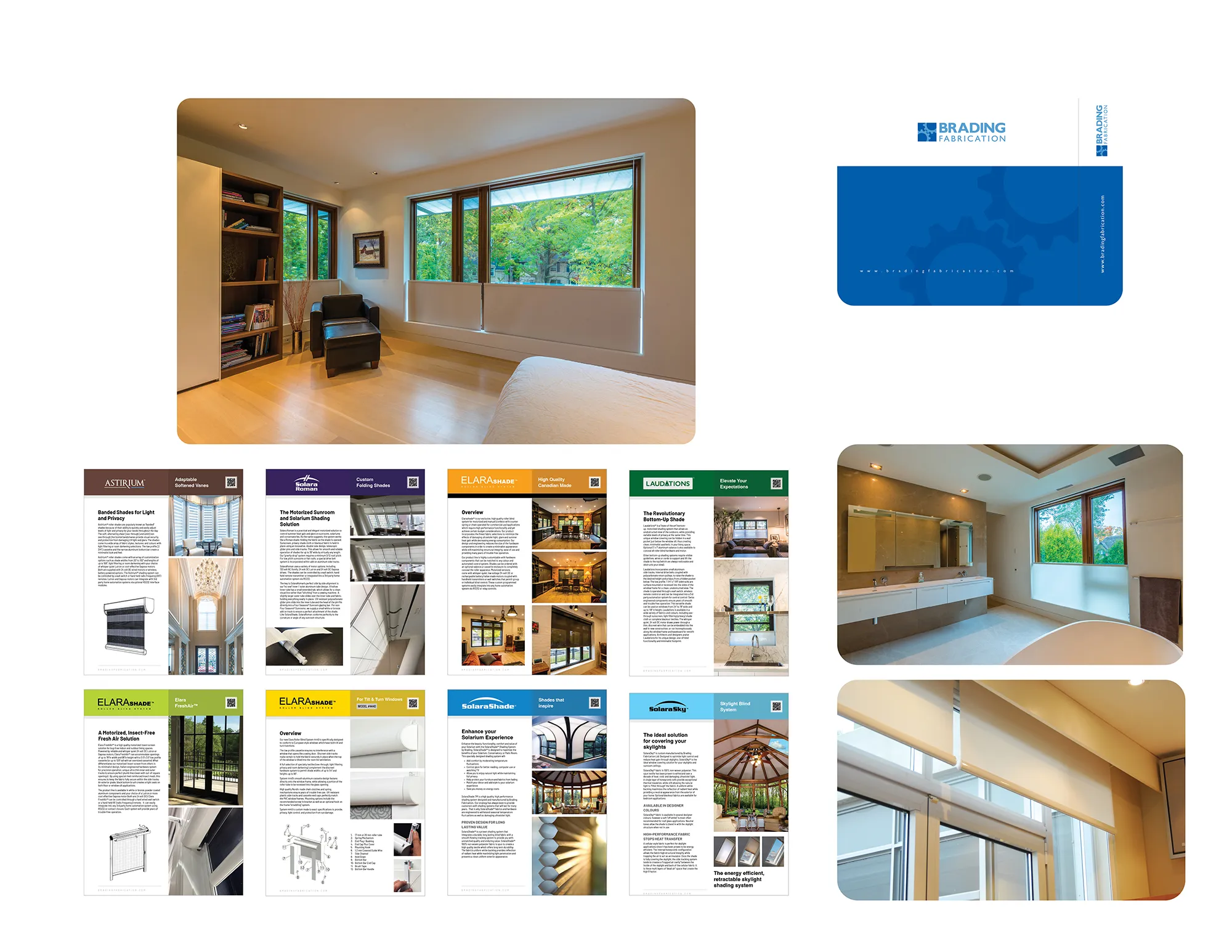 Product specification sheets for the shading portfolio, each in its own brand colour, beside interiors showing the shades installed and a blue Brading Fabrication folder.