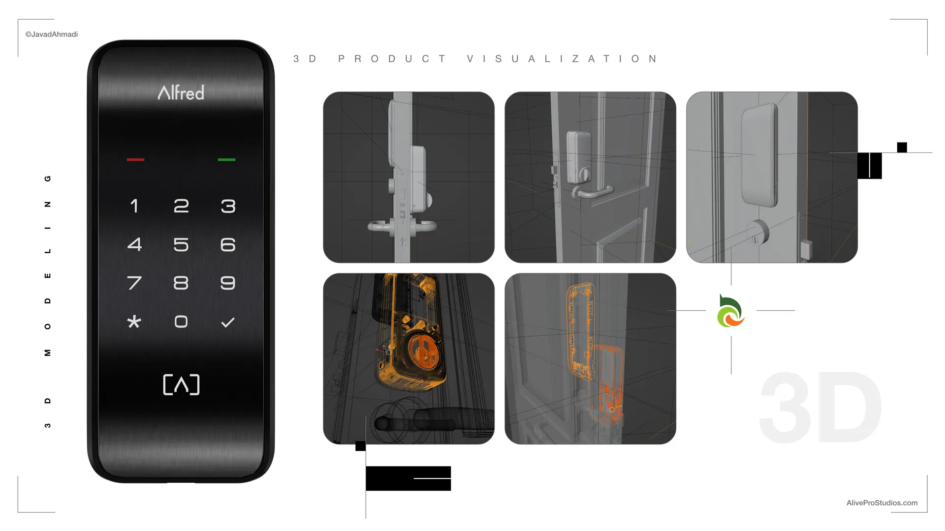 Alfred lock built in 3D: wireframe views of the mechanism and door assembly beside the finished keypad render.