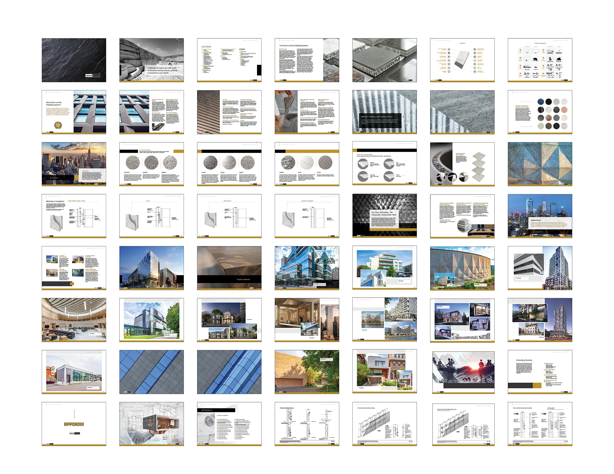 The full Stone Lamina catalogue laid out page by page: material photography, technical drawings, comparison charts and building case examples.