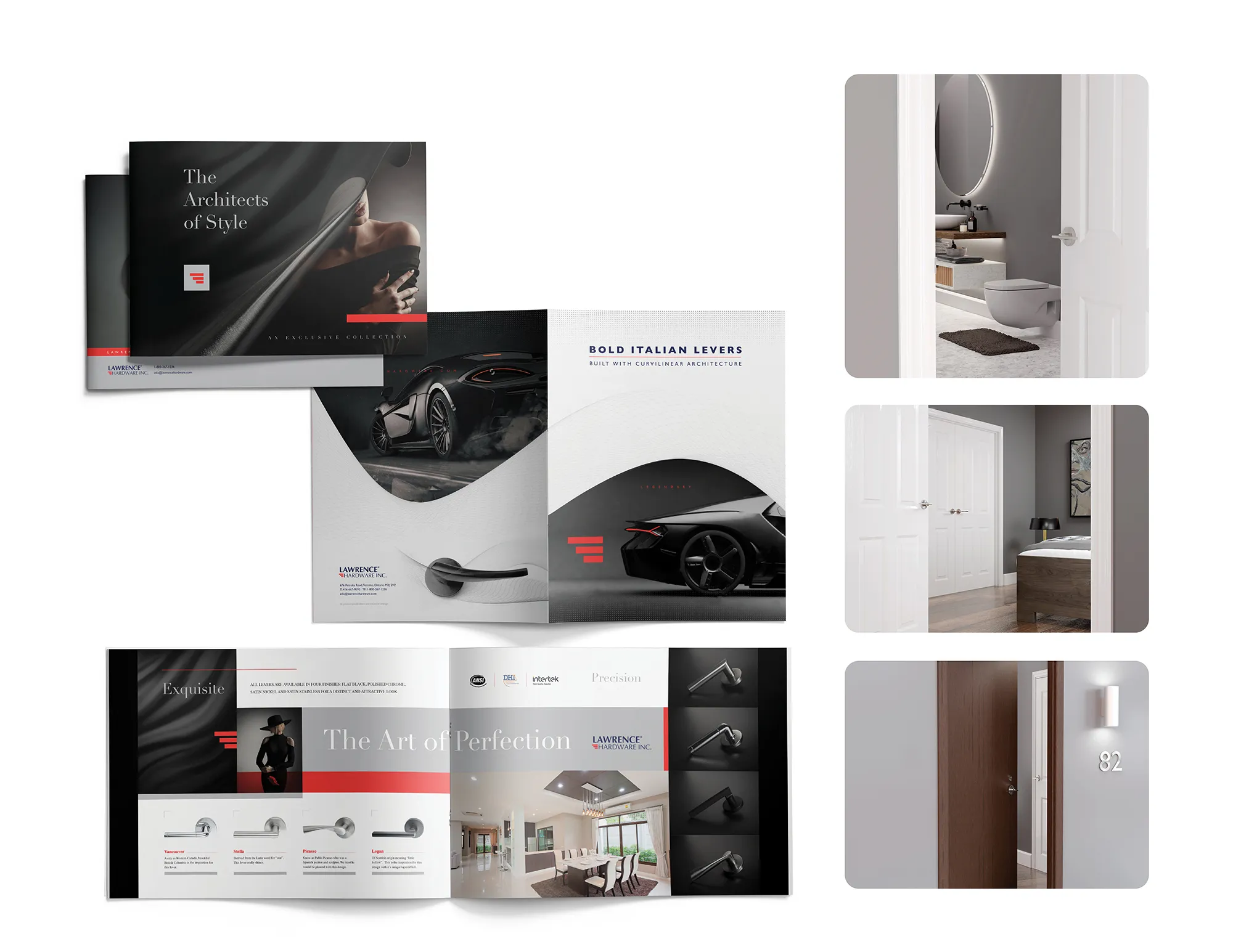 The Architects of Style and Bold Italian Levers brochures, an Art of Perfection spread, and three door photographs showing levers in a bathroom, a bedroom and a hallway.