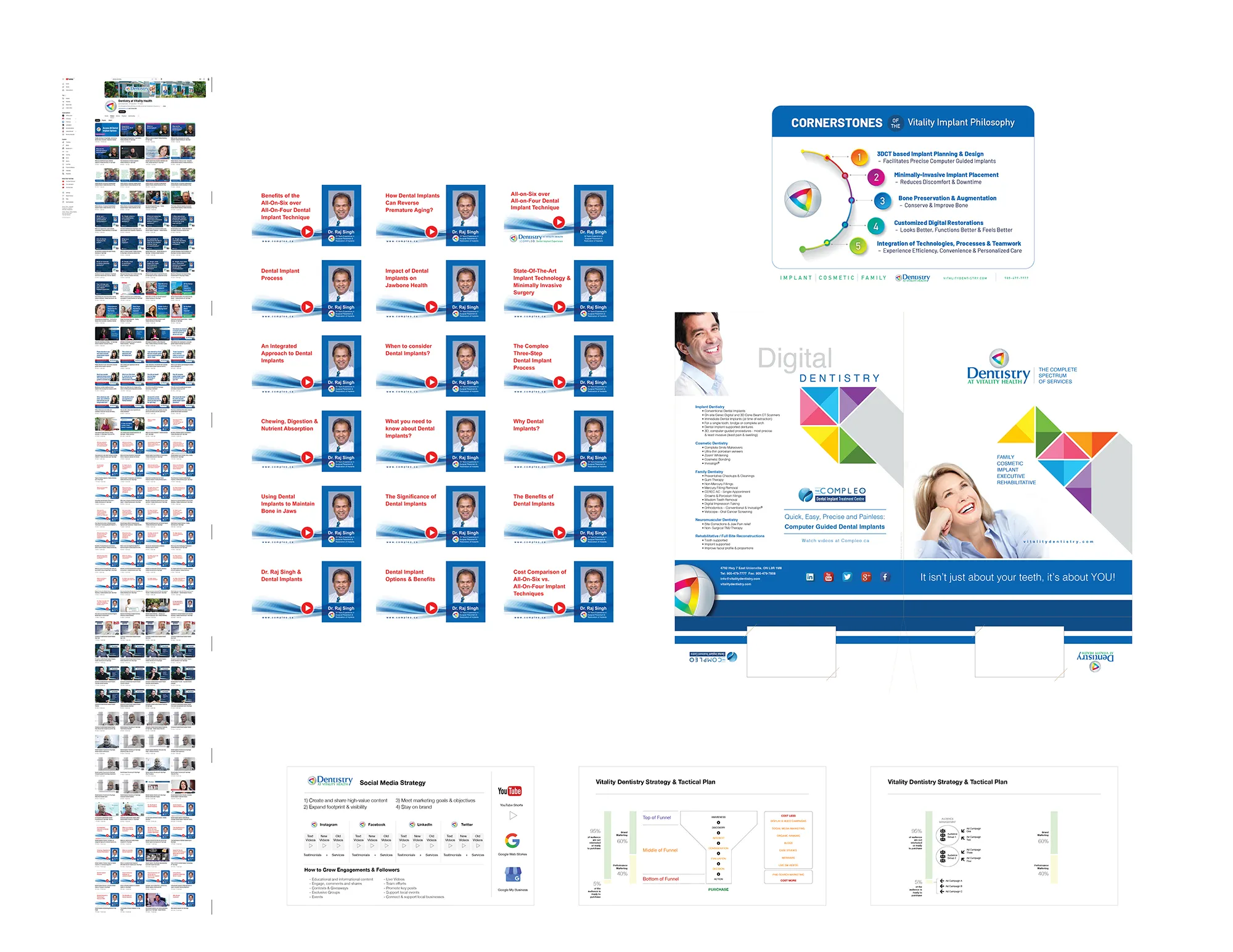 Vitality’s cornerstones of implant philosophy, a grid of patient education cards, the Digital Dentistry brochure and a long scrolling website page.
