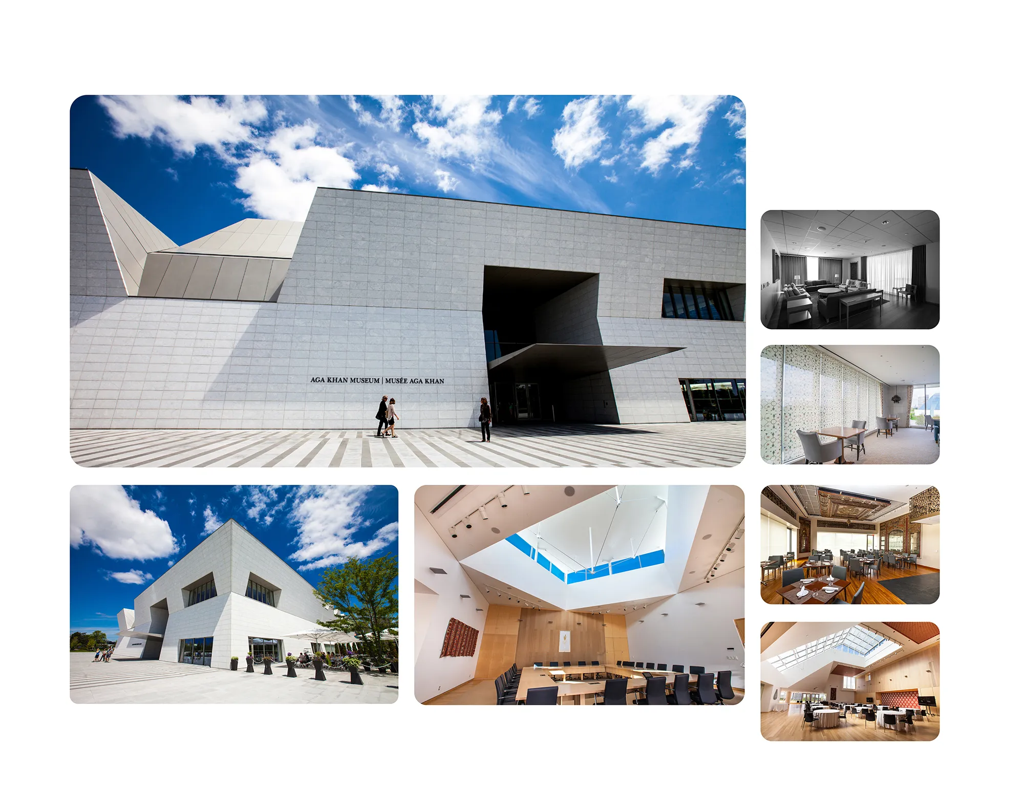 Architectural photography of a white stone museum facade under blue sky, with interior views of a lecture hall, a dining room and offices fitted with shading.