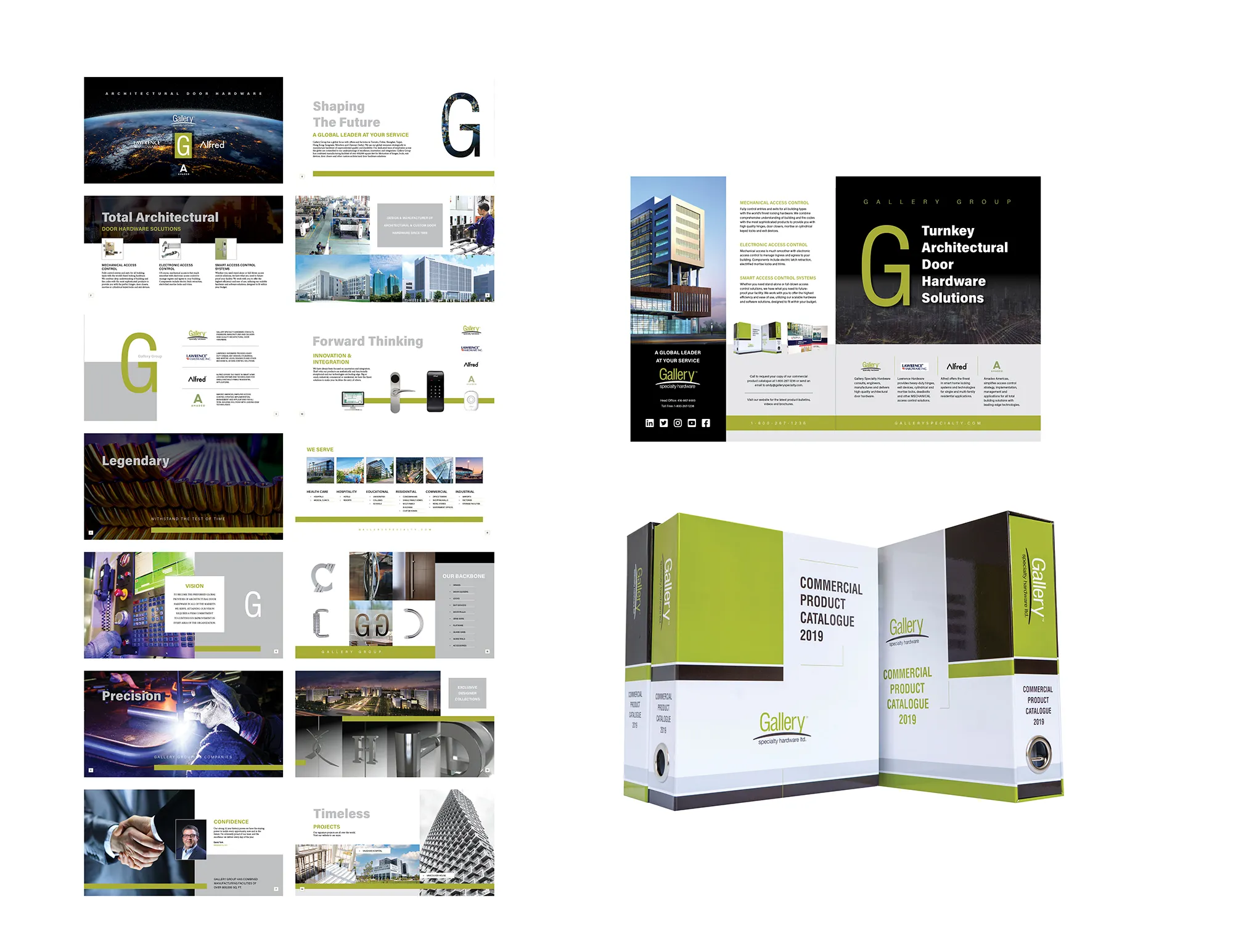 Gallery’s commercial product catalogue: interior spreads, the Turkey architectural door hardware brochure and the boxed 2019 catalogue set.
