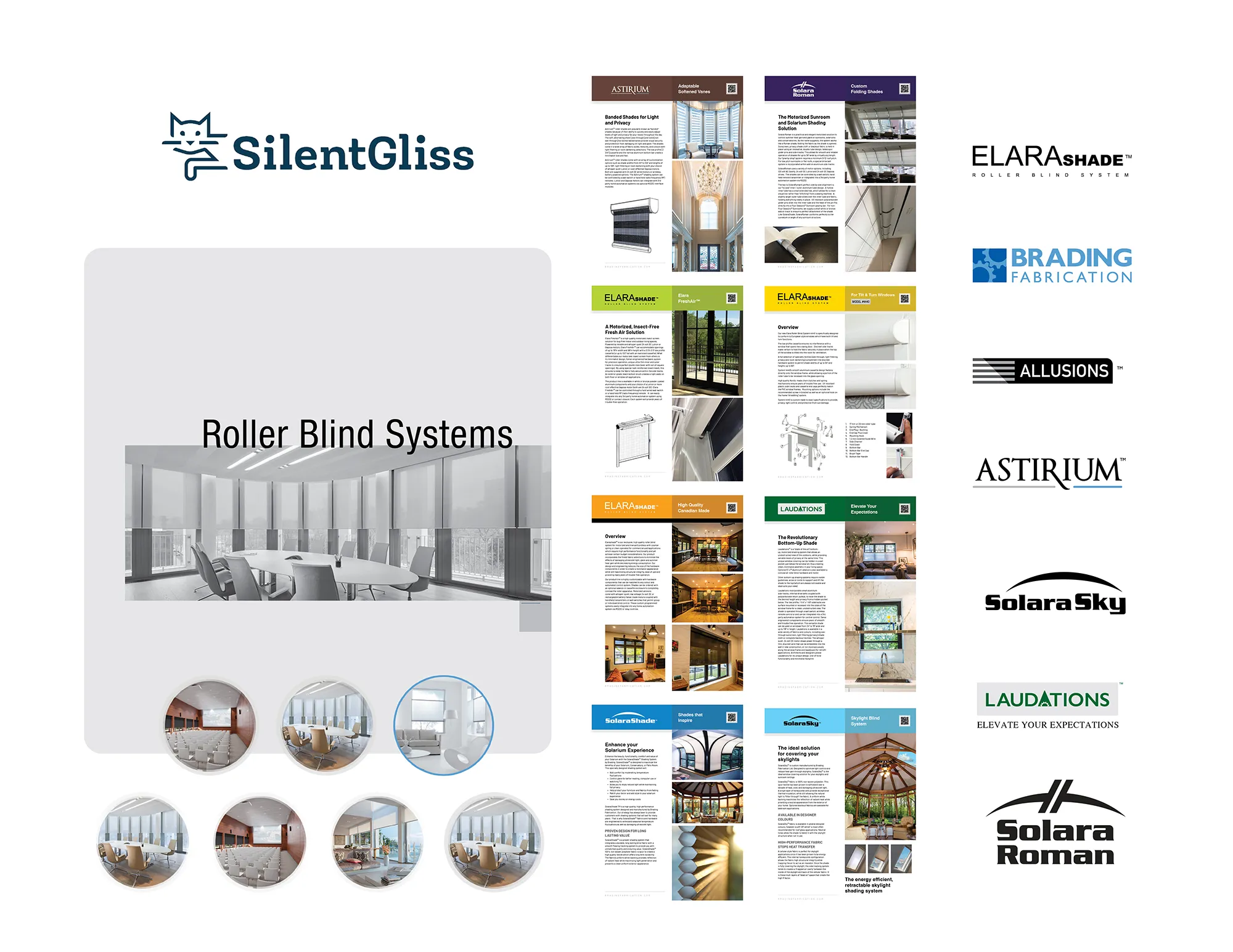 The named portfolio: the SilentGliss roller blind systems brochure, a grid of specification sheets, and the marks for Elara Shade, Brading Fabrication, Allusions, Astirium, Solara Sky, Laudations and Solara Roman.