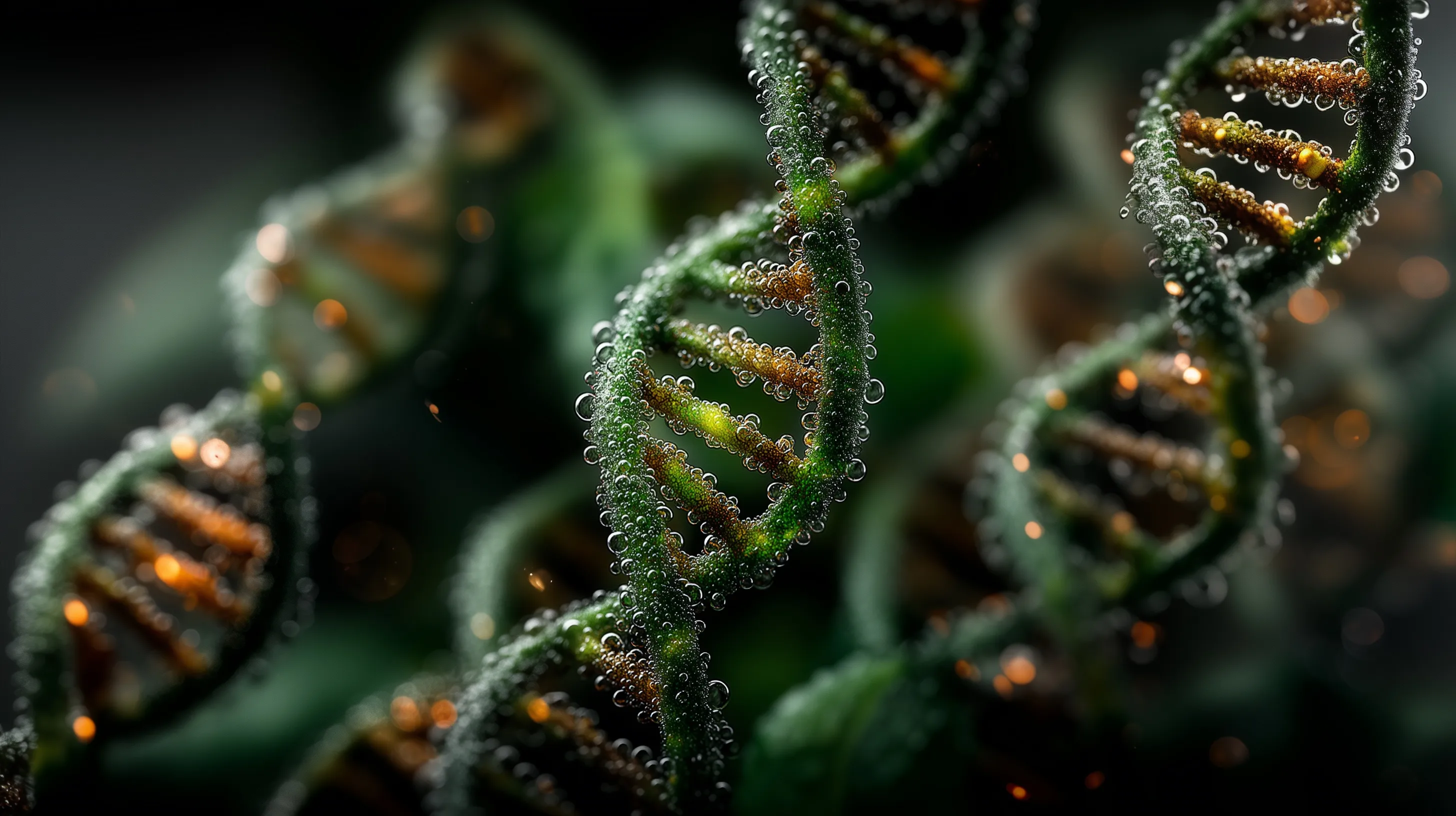 Green DNA double helices beaded with water droplets, lit with amber highlights against a dark background